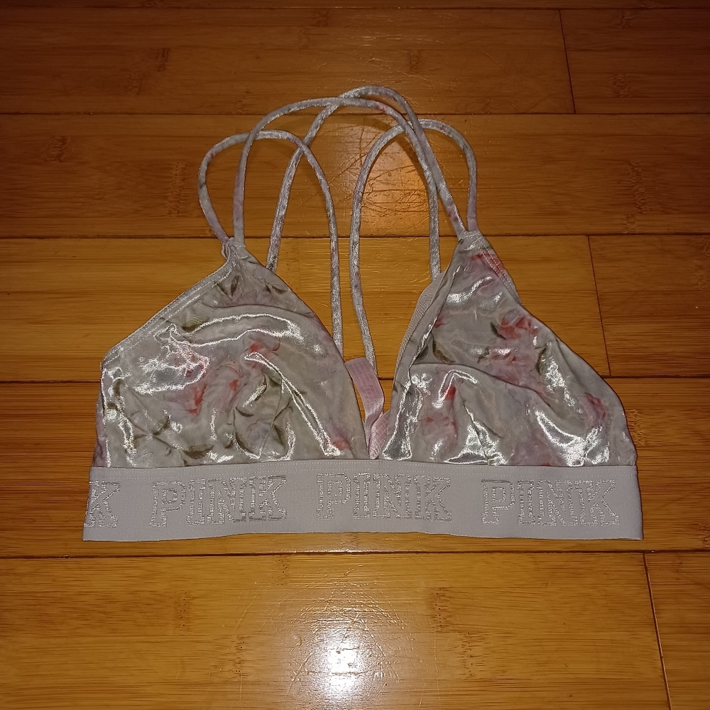 Victoria Secret PINK Unlined Bra Size small Velour Strappy Bralette Velvet
